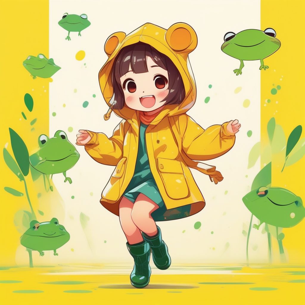 淘气Q版雨衣女孩:极简风格纯亮黄色背景AI提示词