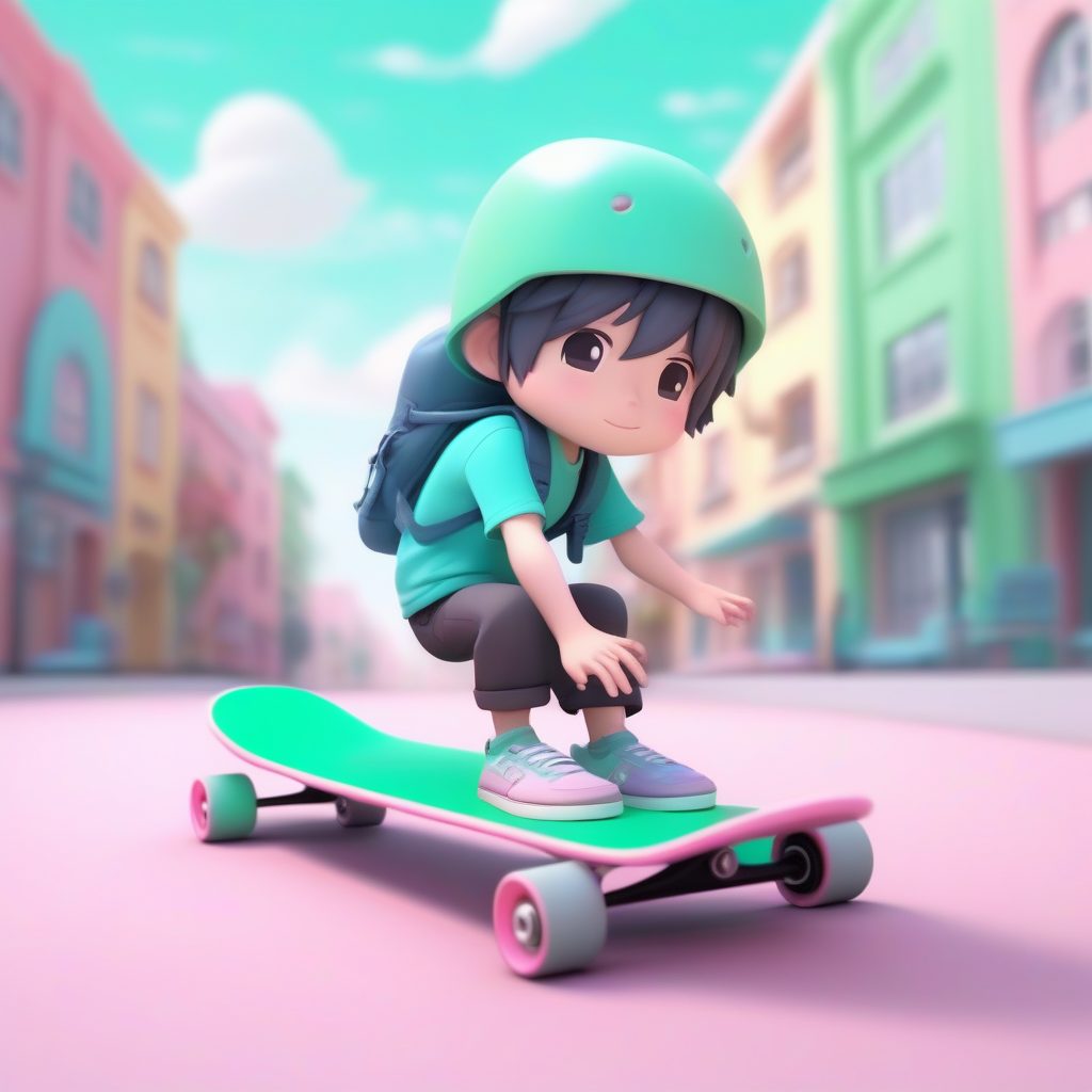 特写细节：低头检查滑板的Q版少年，薄荷绿纯色背景AI艺术
