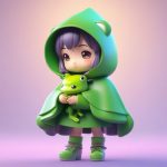 体积光青蛙雨衣Q版女孩:高反射面料与深色背景对比 4 ti ji guang qing wa yu yi q ban nyu hai gao fan she mian liao yu shen se bei jing dui bi