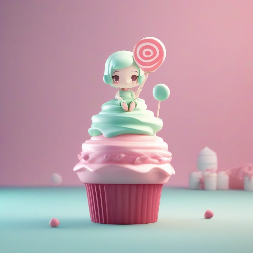 甜点系魔法少女Q版手办：粉色奶油主题3D渲染极简背景