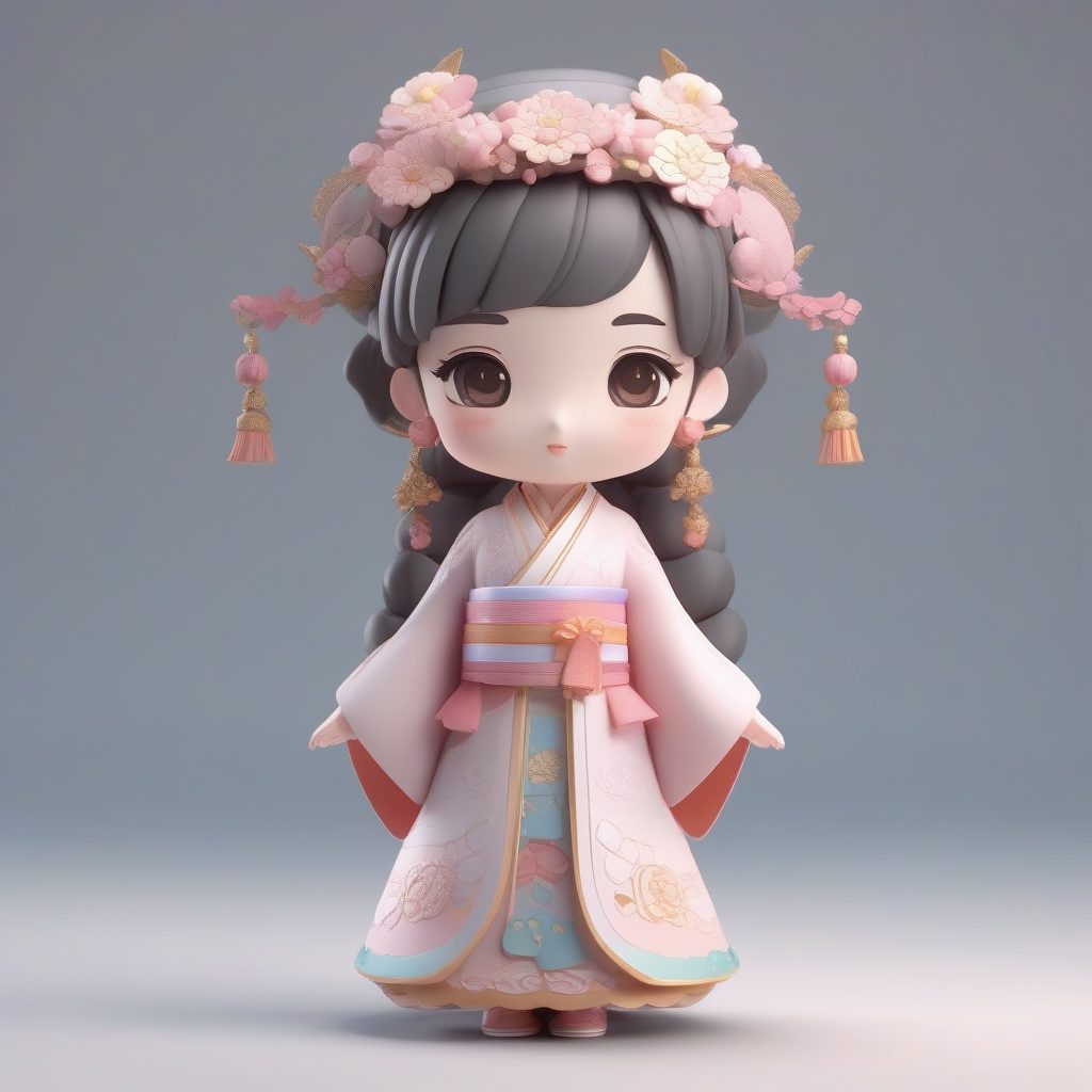 甜点主题Q版汉服女孩：柔和打光粘土质感全身站立提示词