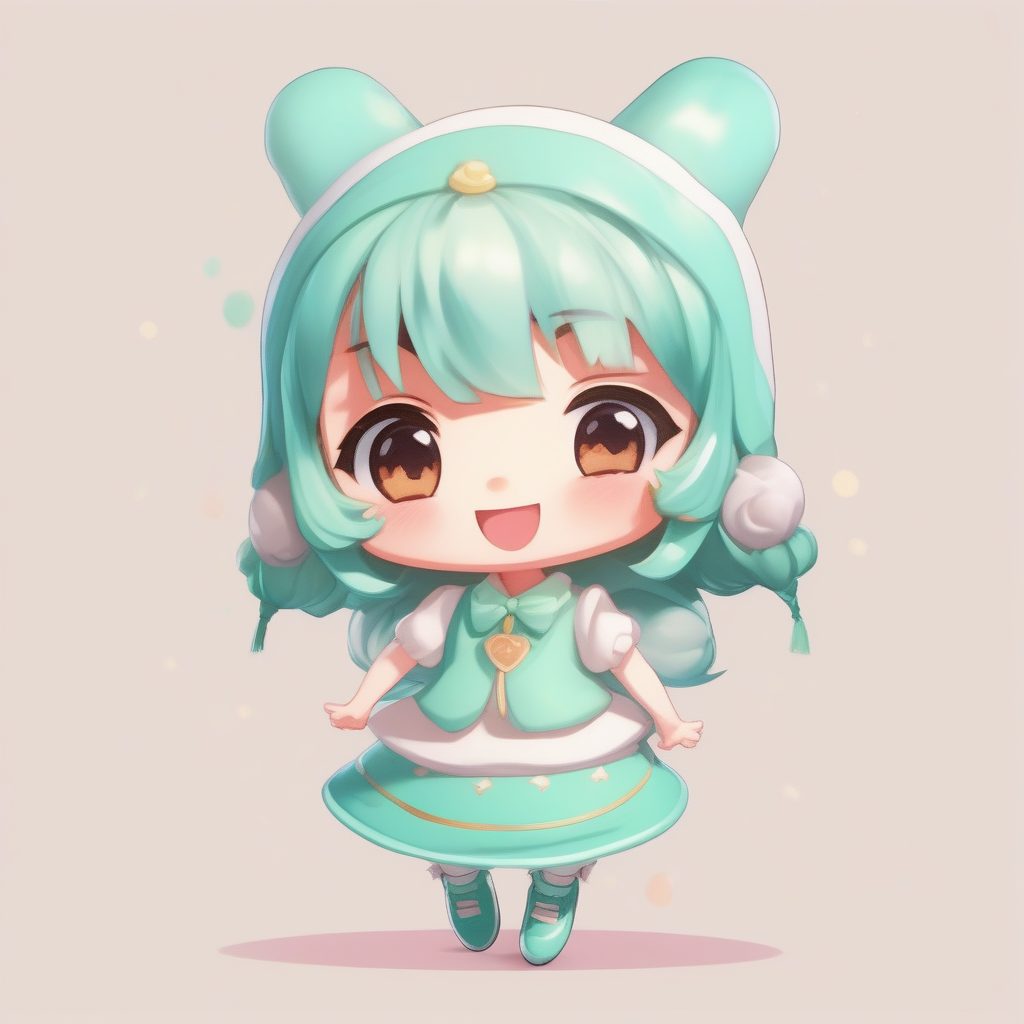 甜点主题Q版女孩：活力动态跳跃姿势，马卡龙配色卡哇伊提示词