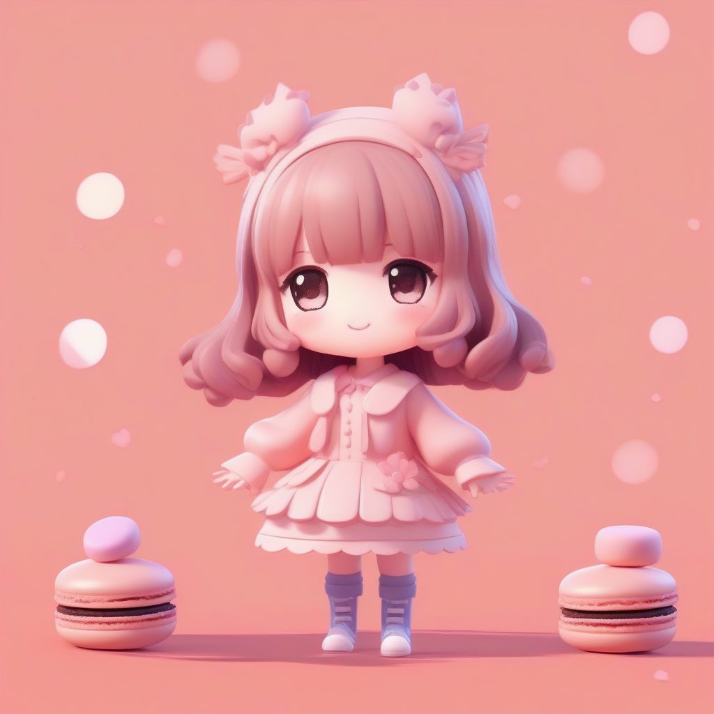 甜点主题Q版时尚：马卡龙配色与亲吻动作，柔美玫瑰红背景