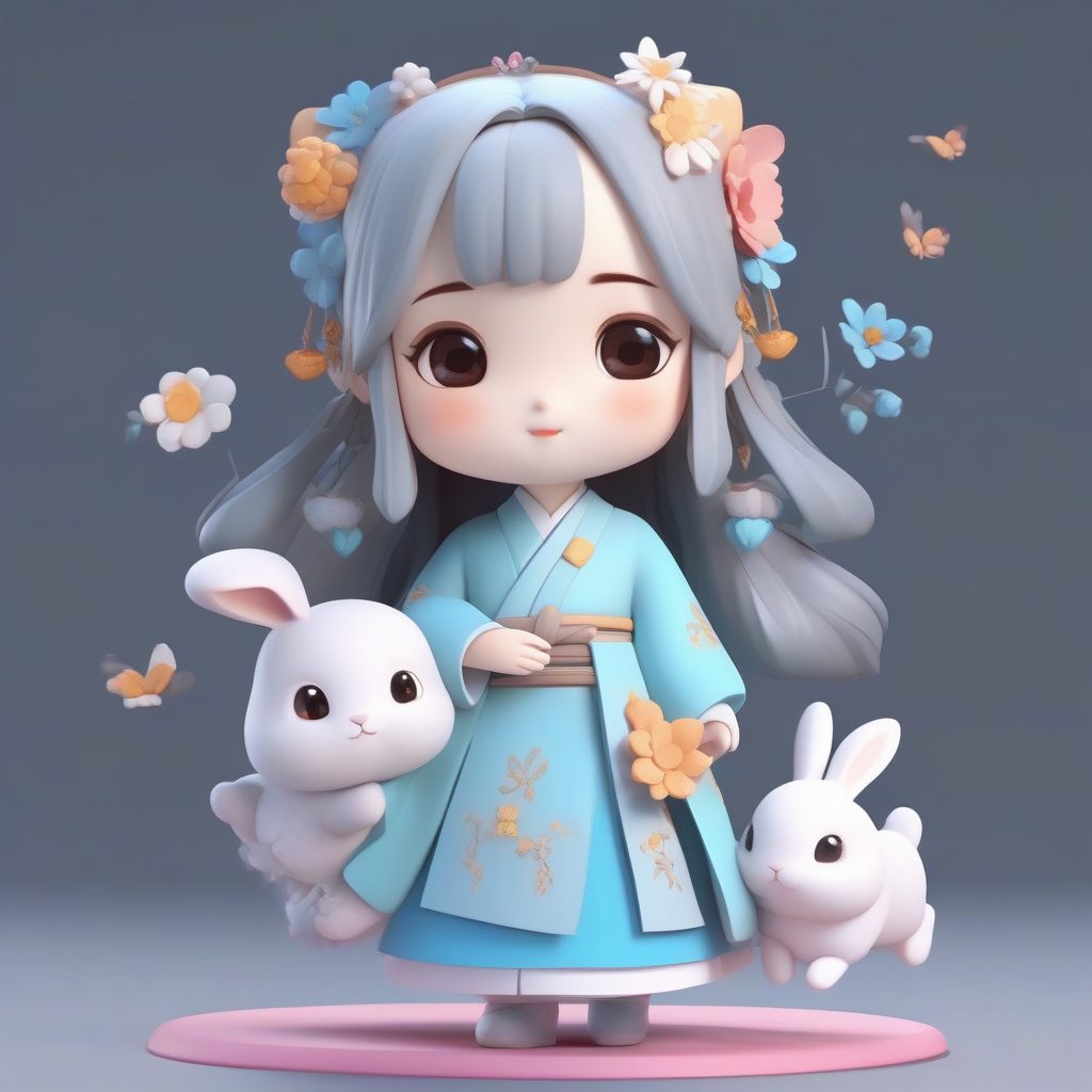 天空蓝齐腰汉服：Q版人物特写粘土造型渲染