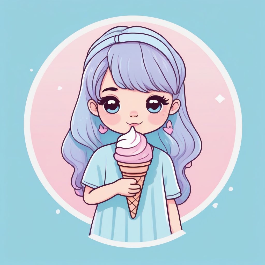 甜美冰淇淋Q版插画：婴儿蓝粉配色，治愈系纯色背景提示词