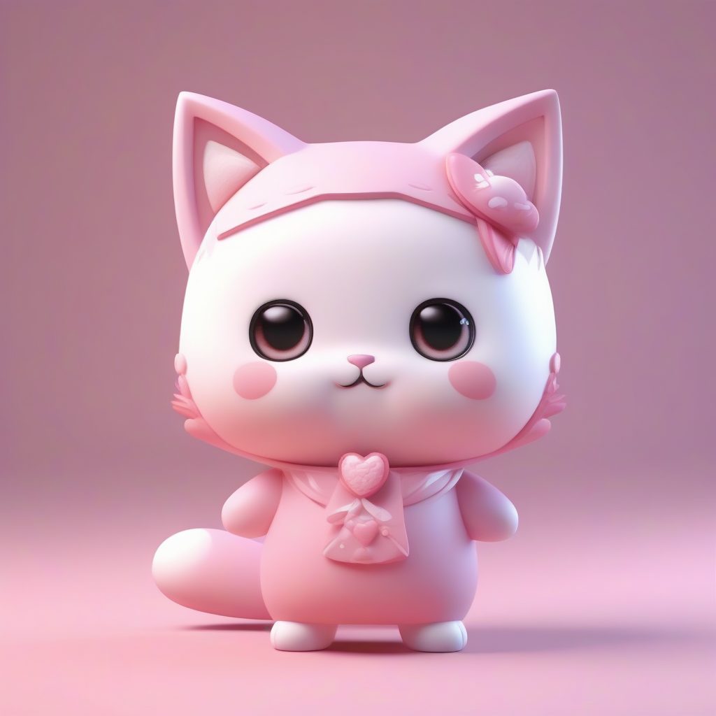 甜美粉色猫耳女孩：3D糖果主题Q版雕塑，柔和色彩光追渲染