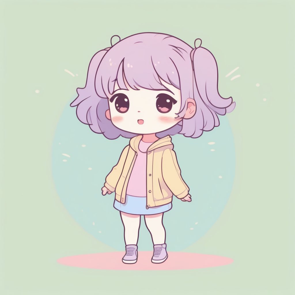 甜美轻盈：极简Q版动漫女孩，双臂夸张挥手全身插画