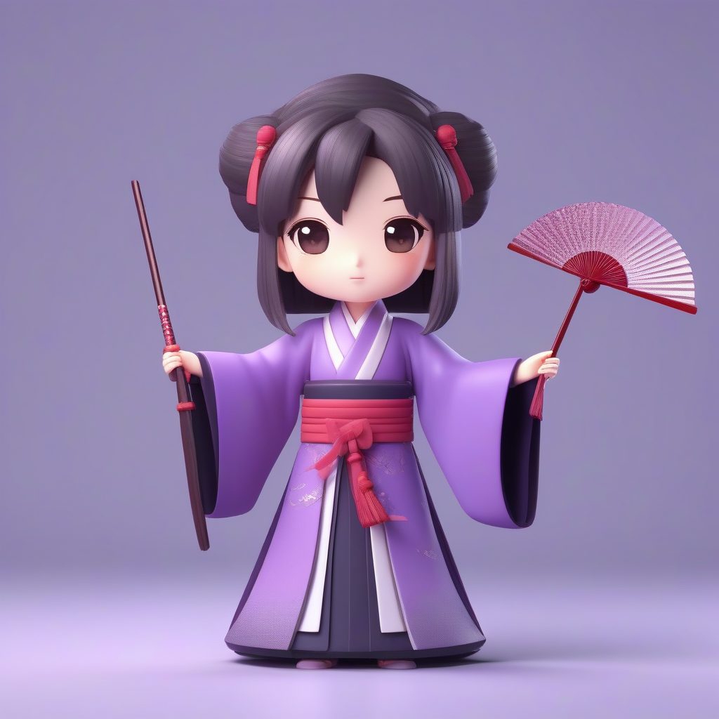 甜美系Q版巾帼女侠：优雅折扇与柔和色调全身渲染