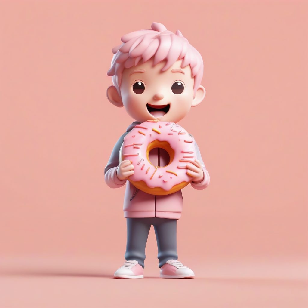 甜甜圈吃货：Q版男孩全身照，嘴边沾满糖霜，浅桃色纯色背景渲染
