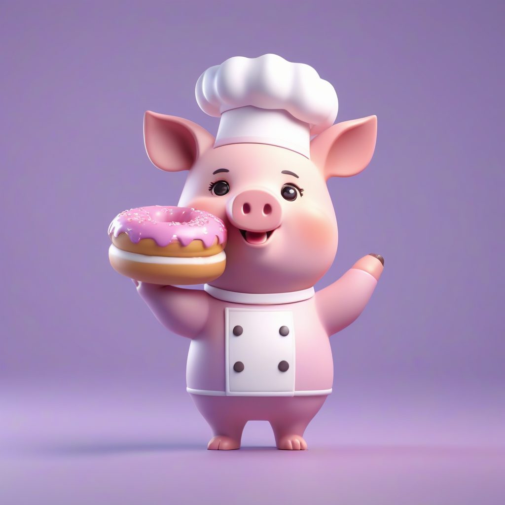 甜甜圈面包师小猪：C4D高抛光Q版全身像，薰衣草色背景