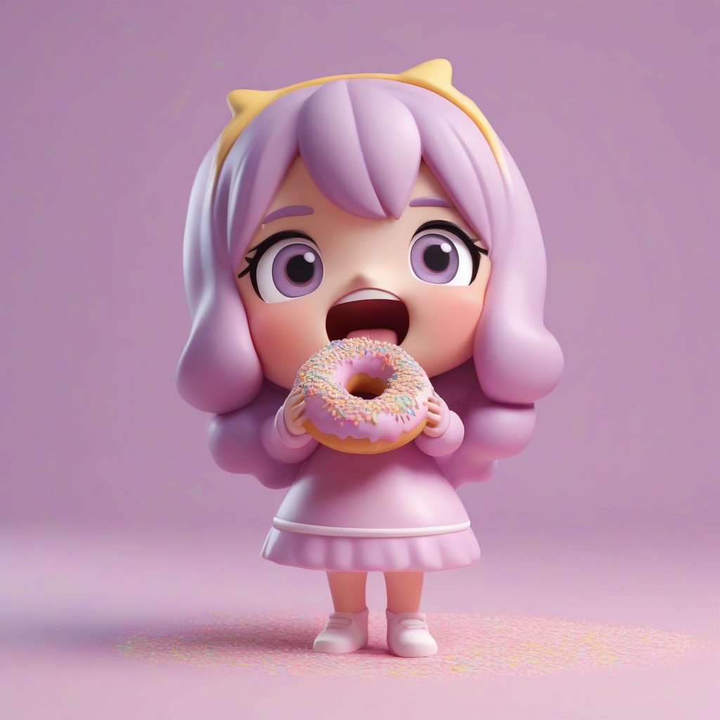 甜甜圈女孩Q版：3D粘土全身站立渲染，柔和薰衣草紫背景提示词