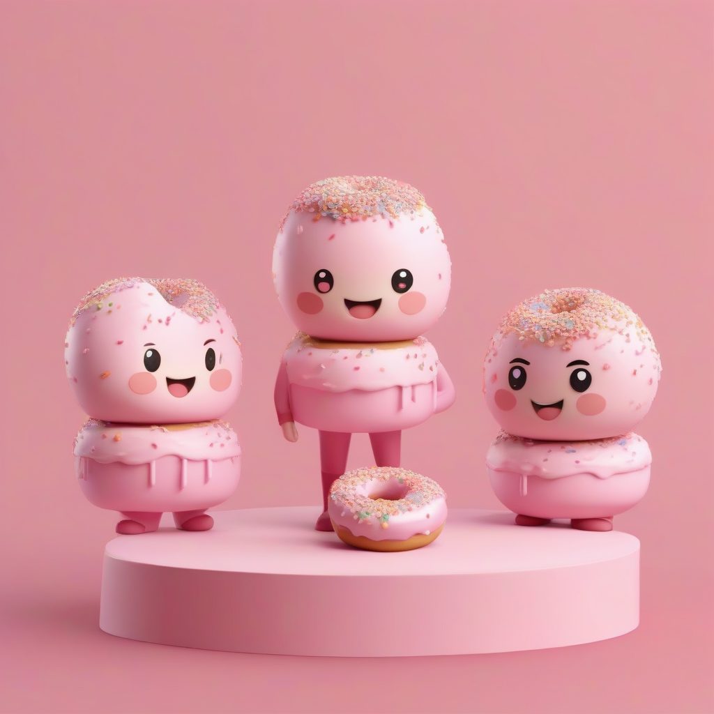 甜甜圈配送员Q版：高光糖霜纹理，笨拙平衡动作，纯粉红背景