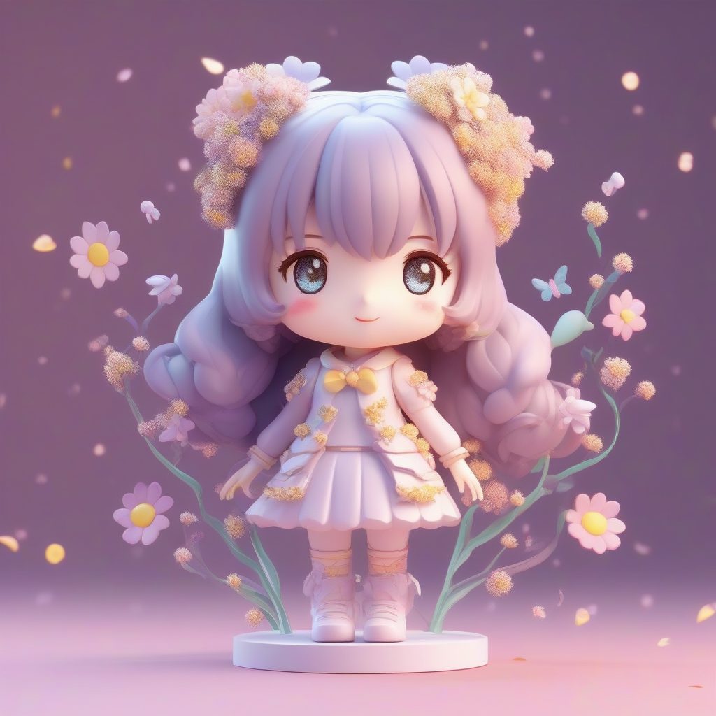 甜心花卉魔法少女：柔和马卡龙色3D粘土效果图