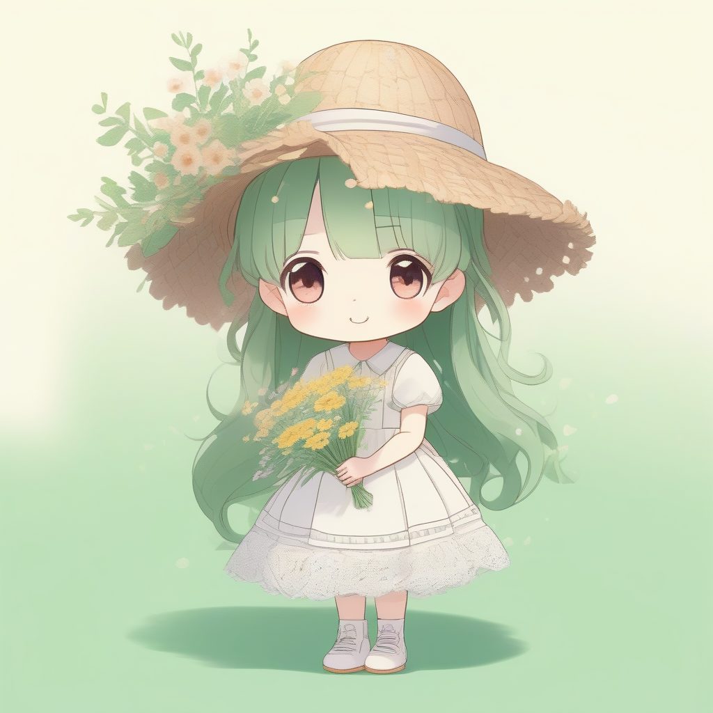 田园仙子风Q版:Cottagecore碎花裙和草编帽,纯绿背景治愈系提示词