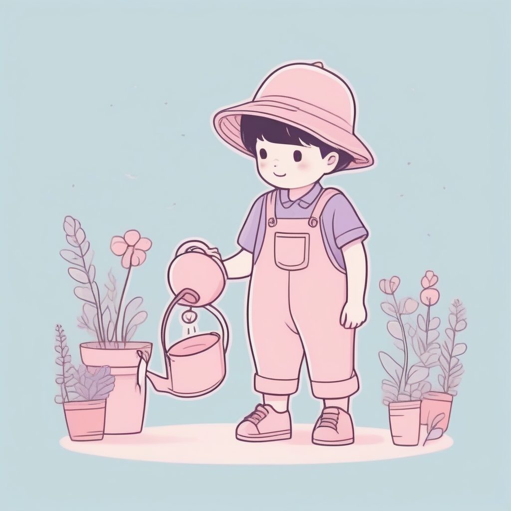 天真园丁Q版男孩：粉蓝渐变，轻快可爱涂鸦风提示词