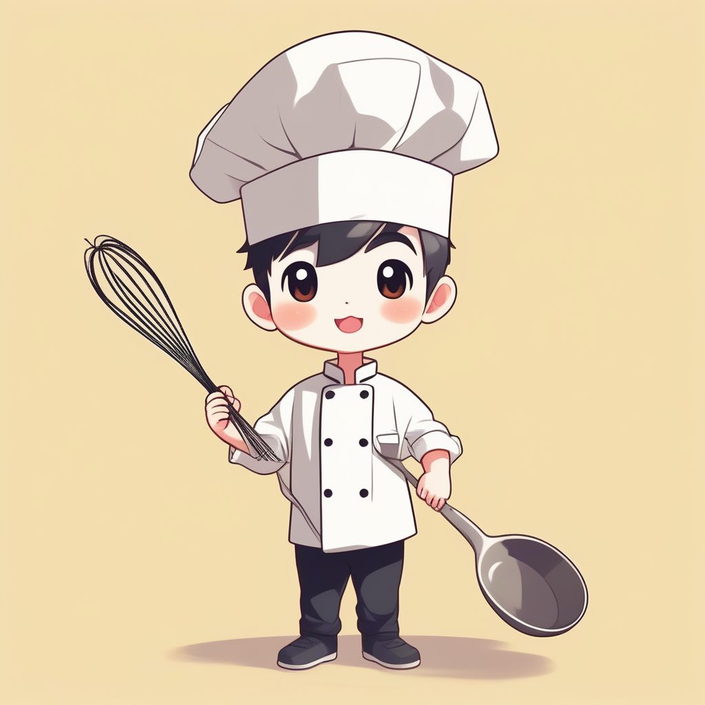 调皮小厨师Q版男孩：高对比度纯淡黄色背景插画提示词