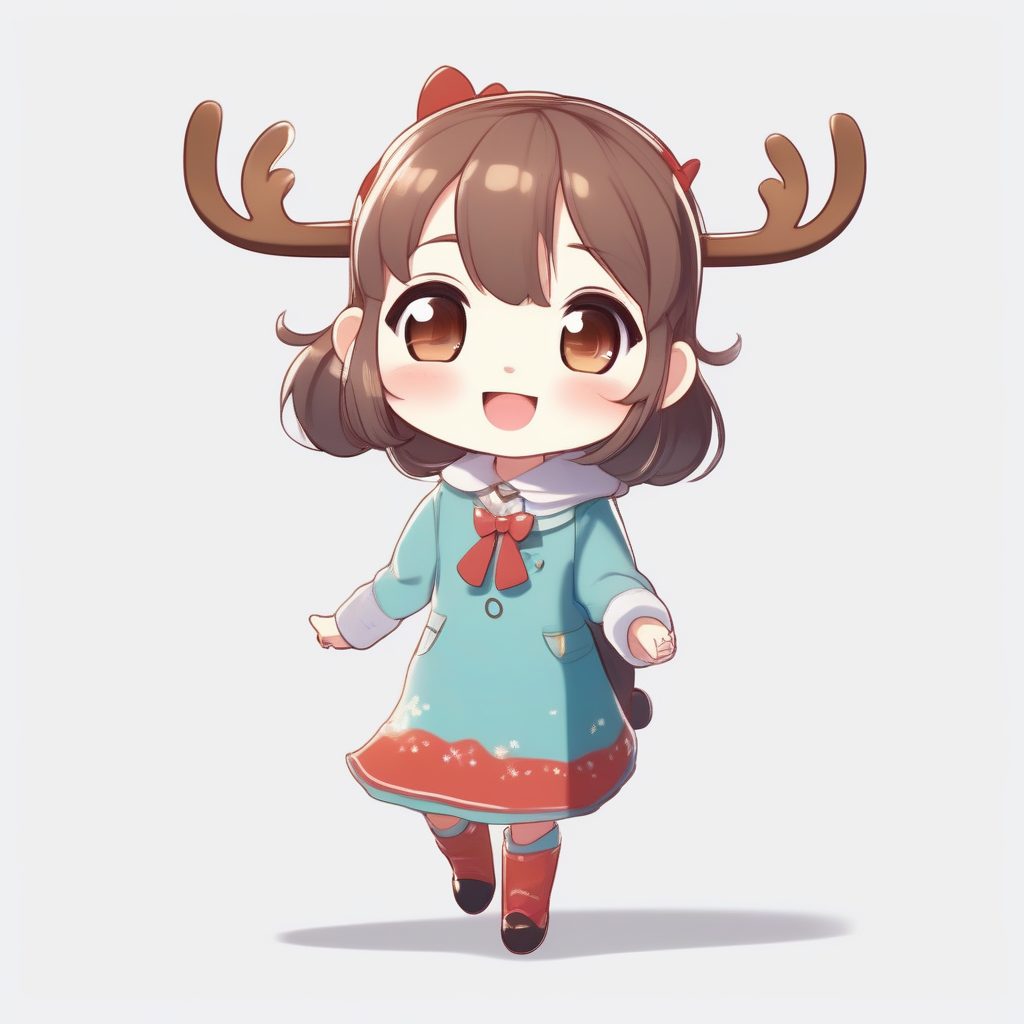 跳跃姿态：活力十足的Q版麋鹿少女全身动态提示词