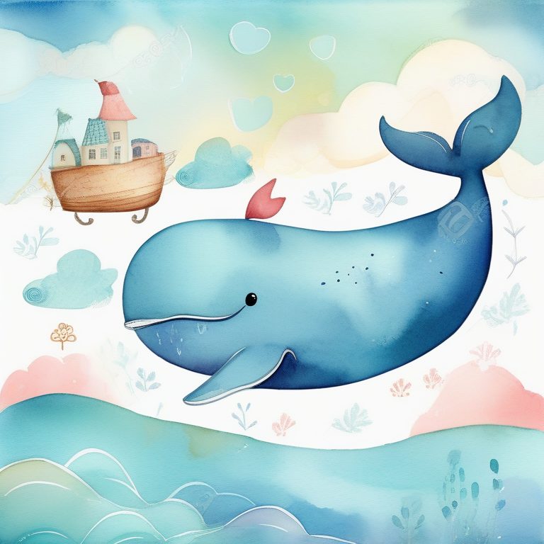 童趣故事书风格的飞翔鲸鱼