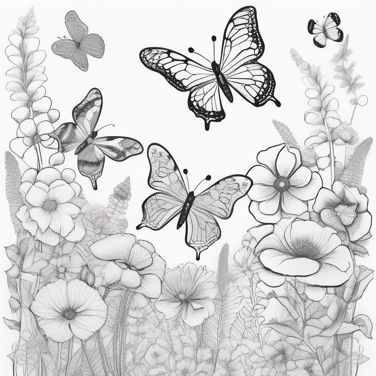涂色书风格的花卉及蝴蝶场景