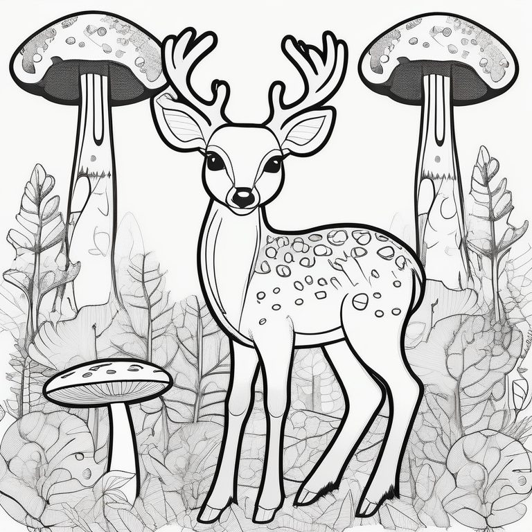 涂色书风格的森林小鹿与蘑菇