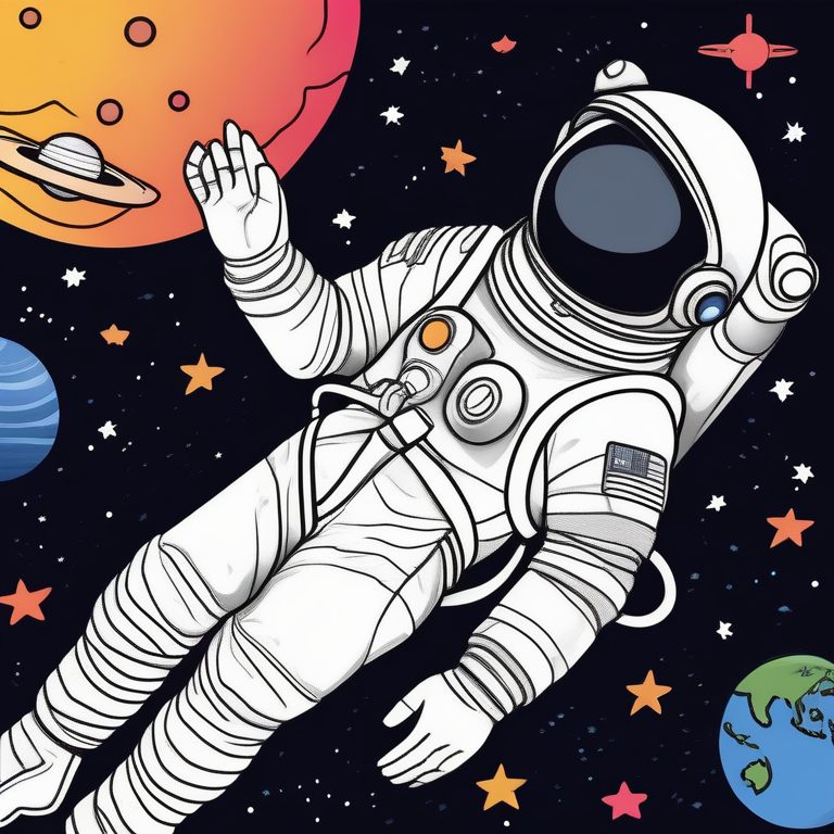 涂色书风格的宇航员漂浮在彩色星空中