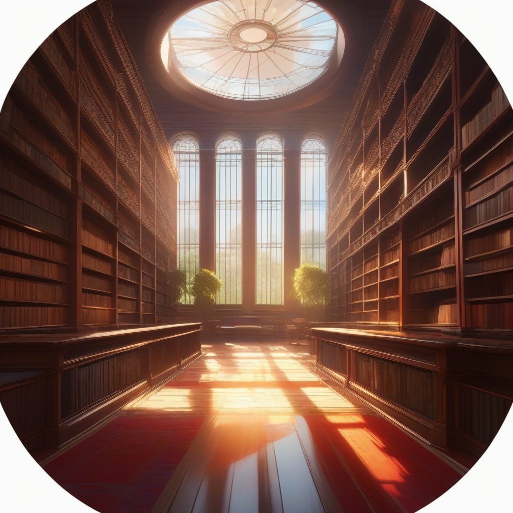 图书馆的静默：光束照亮书架与飞舞的尘埃