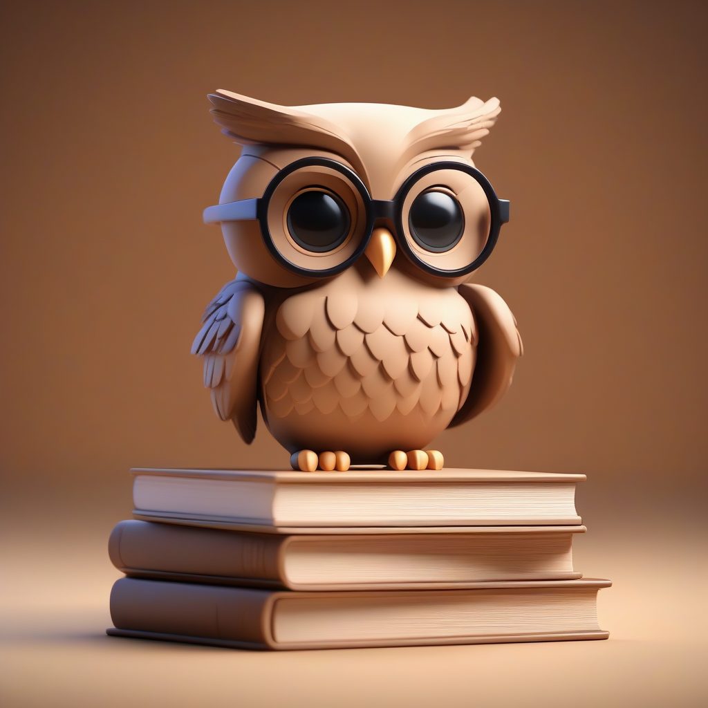 图书馆书虫猫头鹰：Q版全身站立手办，温暖棕褐色背景