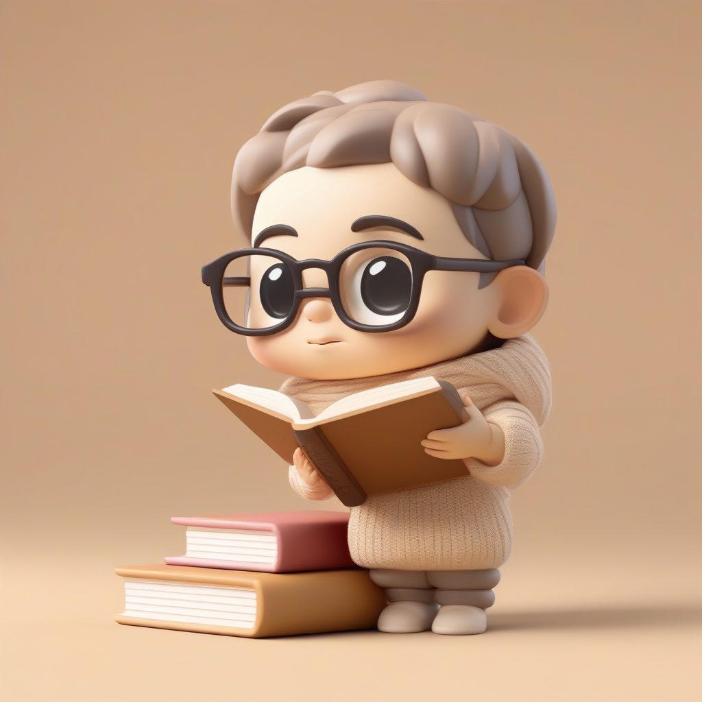 图书馆书虫Q版手办：超载表情，毛衣材质，柔和米色背景AI提示词