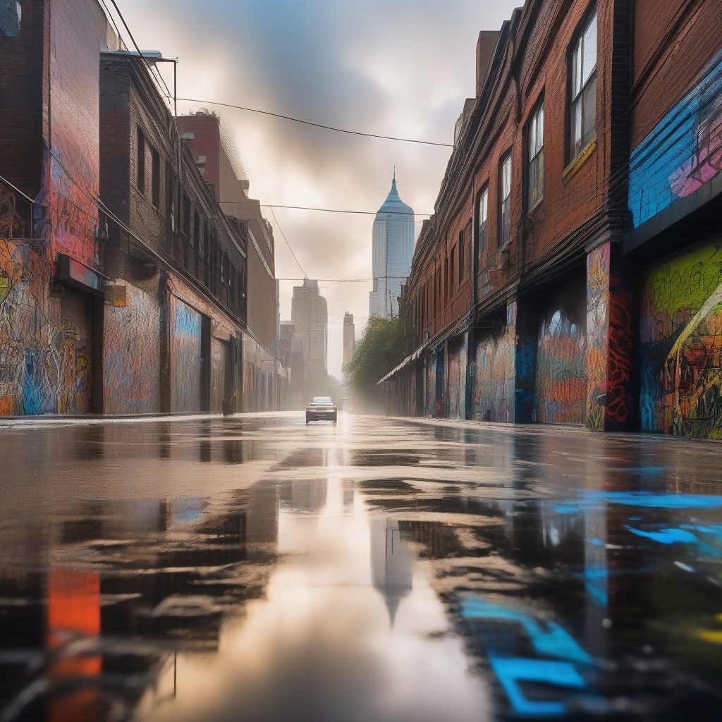 涂鸦覆盖的反乌托邦城市景观：湿漉漉的雨夜喷绘