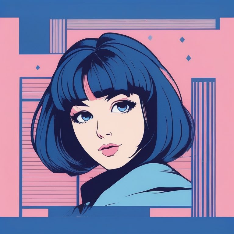 VHS风极简90年代深蓝发动漫女孩肖像