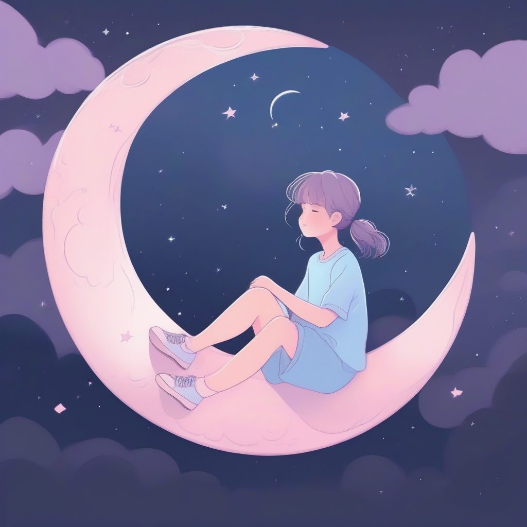 弯月上的轻盈动漫少女：和平安宁的夜间场景