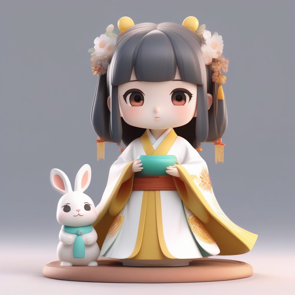 魏晋风仙气:抱玉兔的极简Q版汉服小女孩3D全身图