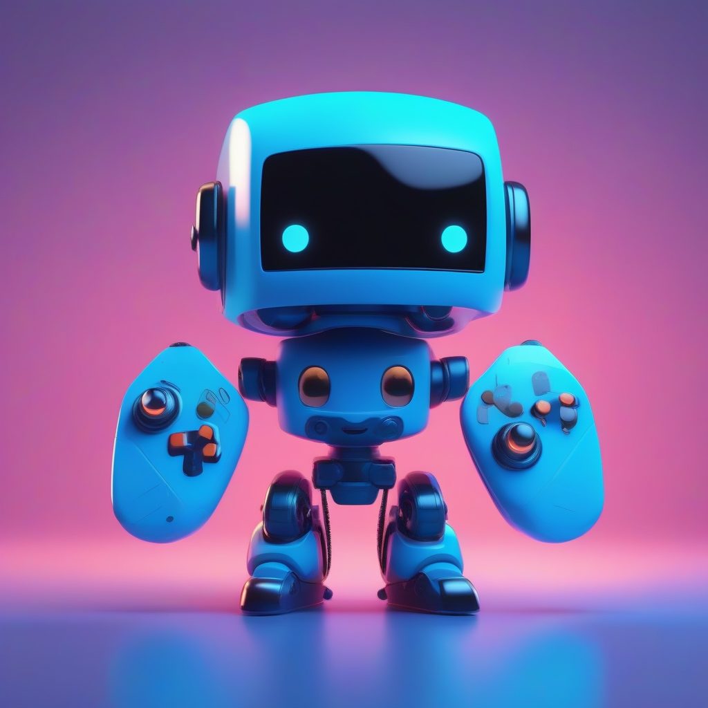 未来感Q版电竞机器人：手持霓虹手柄的3D盲盒潮玩设计