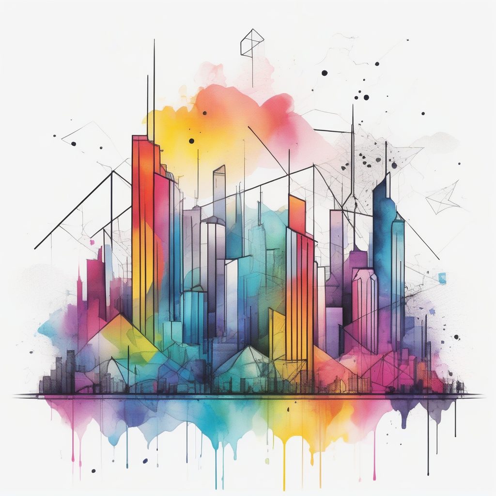 未来几何城：彩虹水彩滴落的抽象线描建筑图景
