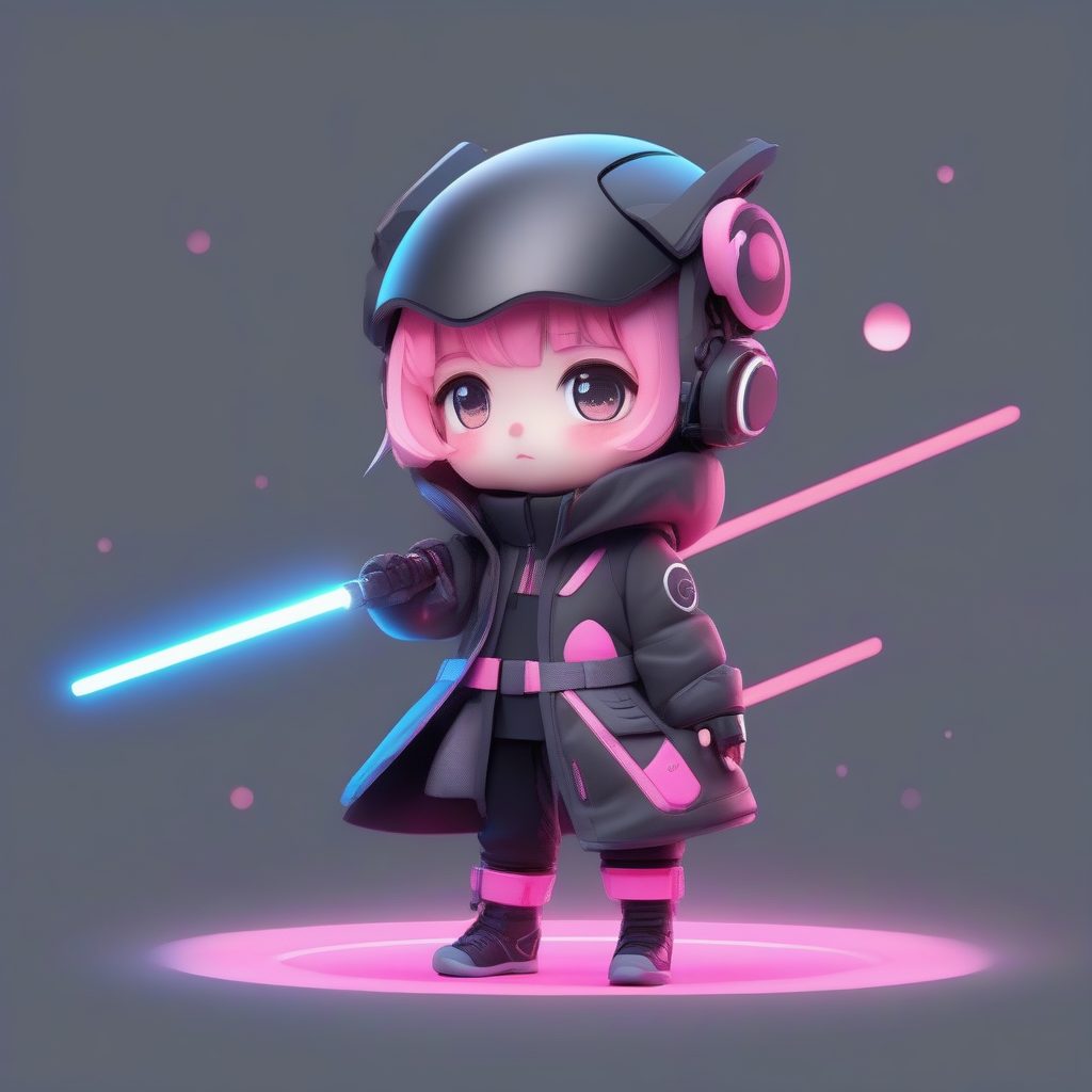 未来科技风Q版：Cyberpunk极简黑粉配色，全身酷炫站姿AI图