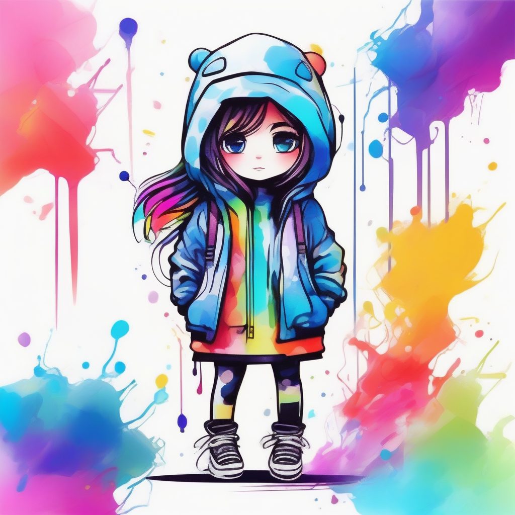 未来科技风Q版少女：精准黑墨轮廓与高饱和彩虹泼墨