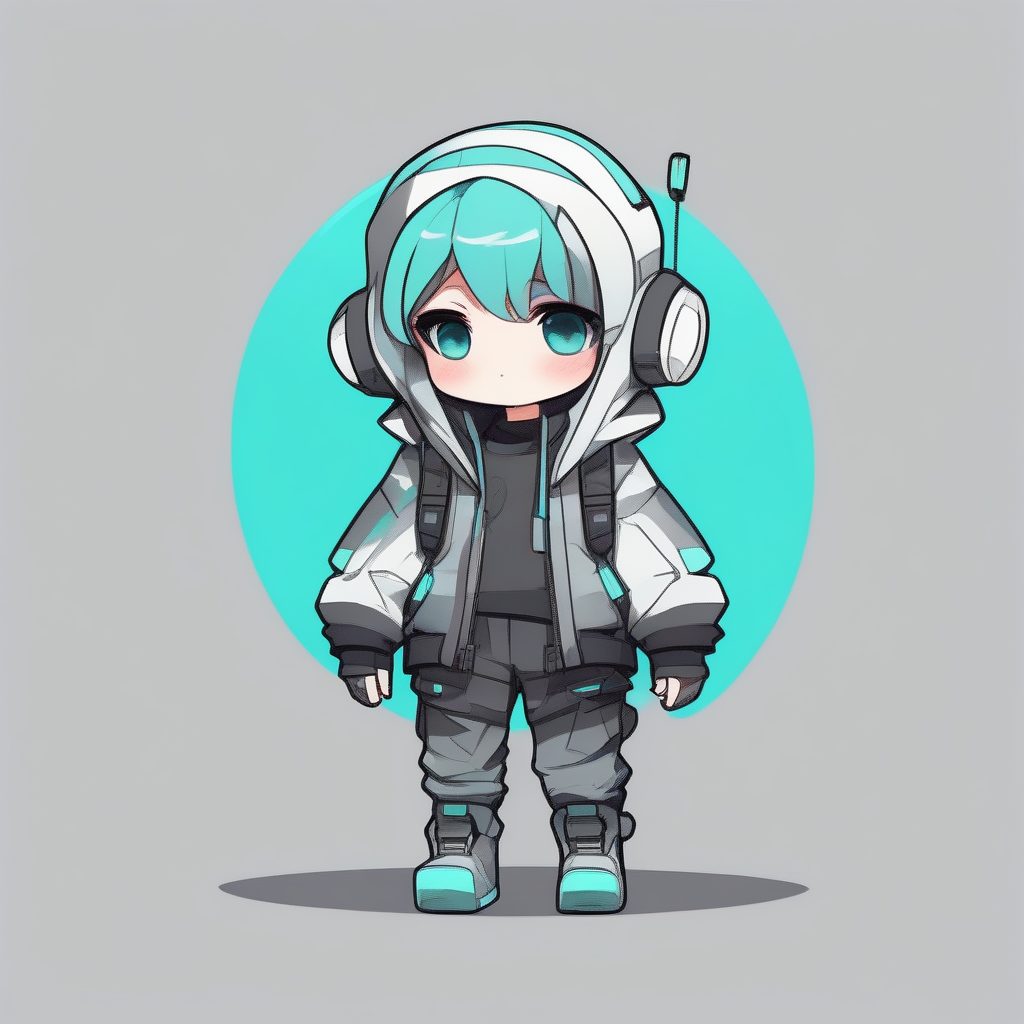 未来科技感Q版女孩:极简风全身像,低饱和度青色提示词