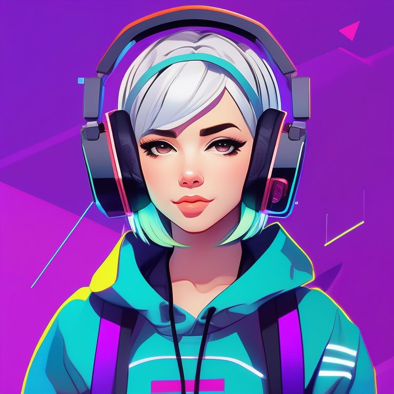 未来朋克极简风 Q版女孩与智能耳机 大胆紫色背景