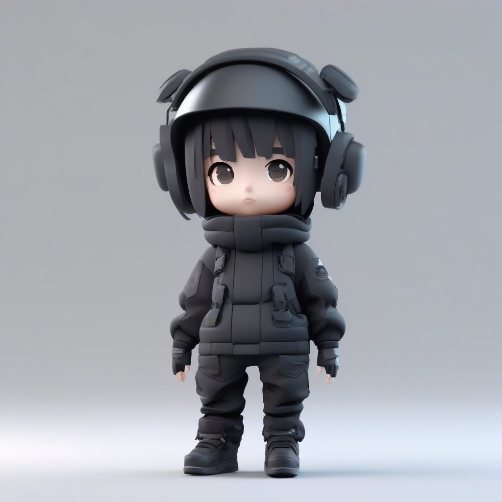 未来赛博科技风Q版：全黑机能服全身像，高抛光Octane渲染