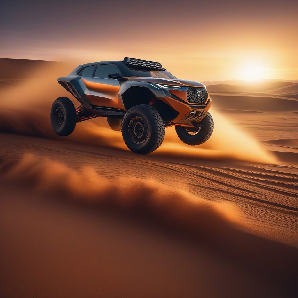 未来沙漠越野概念：高速沙尘飞扬下的汽车反射艺术