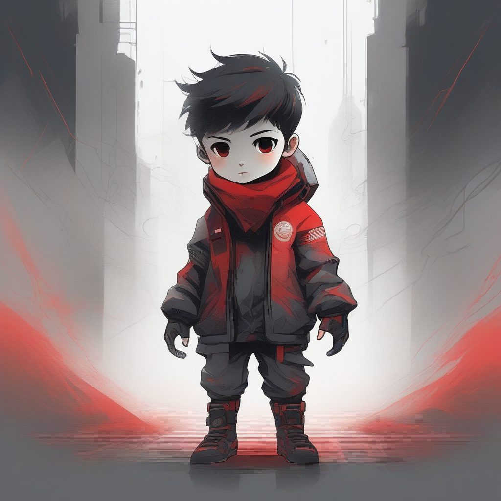 未来主义绯红迷雾：Q版男孩的优雅墨线全身立绘