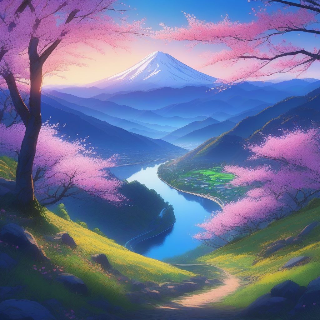 唯美春日风景：新海诚风格下的樱花山谷与蔚蓝河流