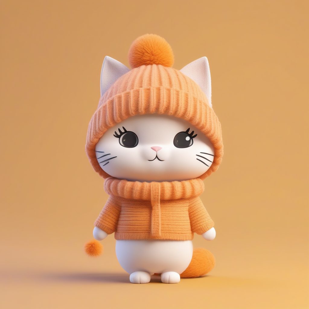 温暖粘土质感：抱猫毛衣Q版女孩3D模型AI提示词