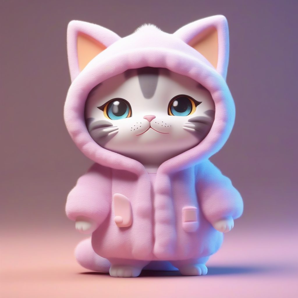 温暖软萌猫耳睡衣:高品质粘土材质Q版全身渲染,影棚柔光