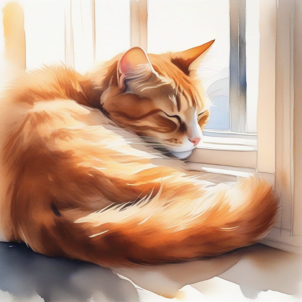 温暖午后：阳光窗边的熟睡小猫水彩速写提示词