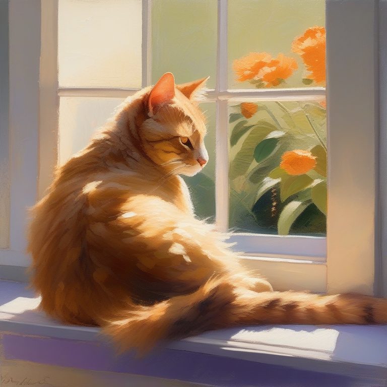 温暖印象派下的慵懒猫咪与午后窗台