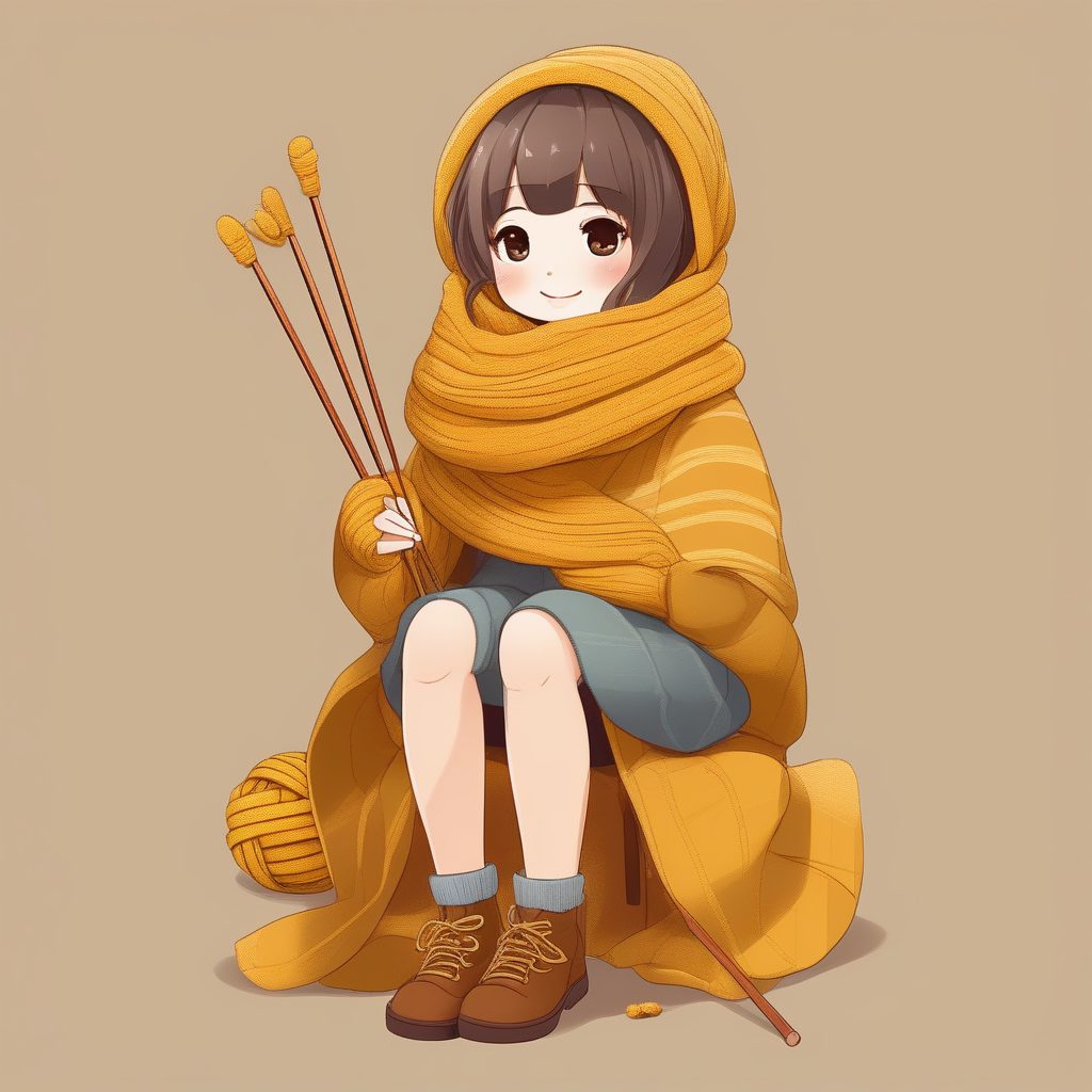 温暖治愈风Q版编织女孩2D插画提示词：简约线条与围巾细节