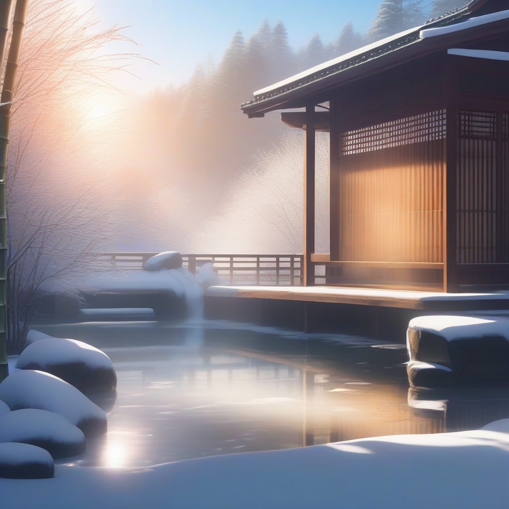 温泉雾气：冬日露天浴场与自然光影交融