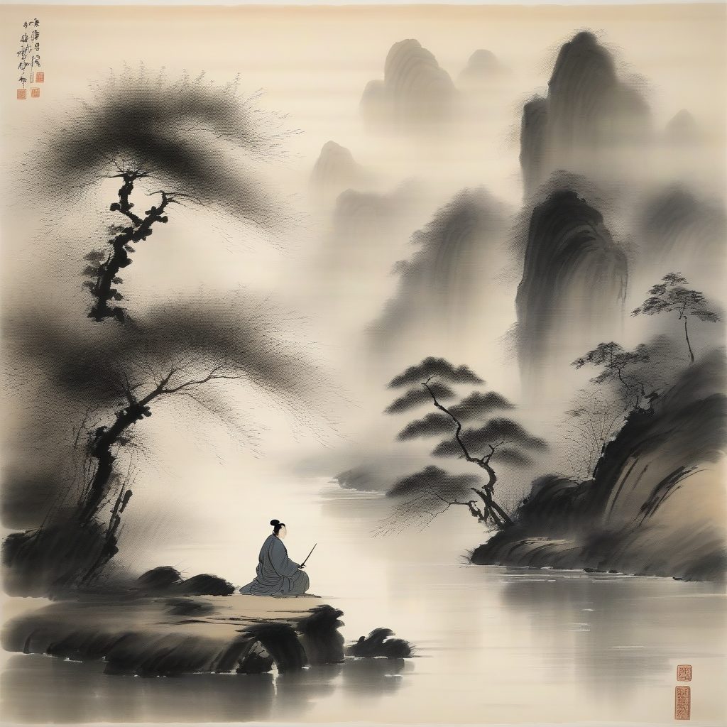 文人雅集：江边沉思的古典意境水墨人物画
