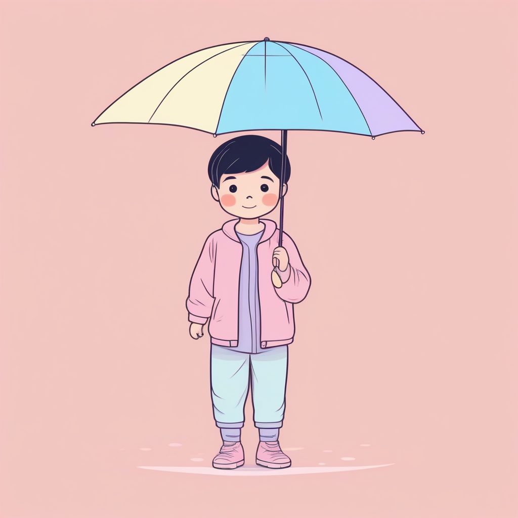 温柔粉嫩系：Q版男孩雨天涂鸦，纯色背景设计
